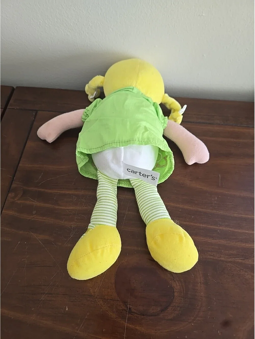 Carters’s Baby Doll Plush Green Dress stripes yellow flowers shoes blonde Lovey